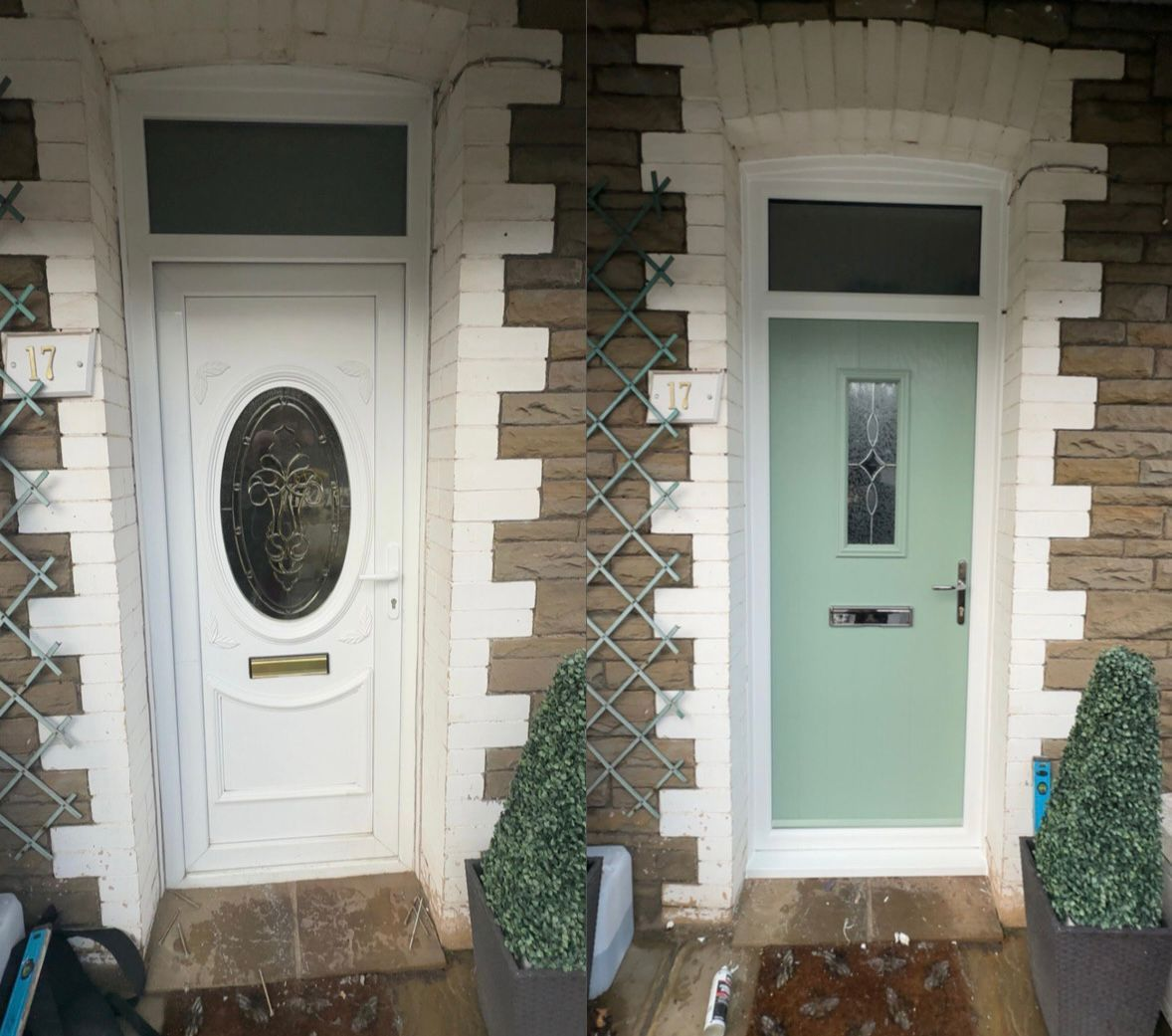 Tired white front door replaced with a fresh sage green composite door